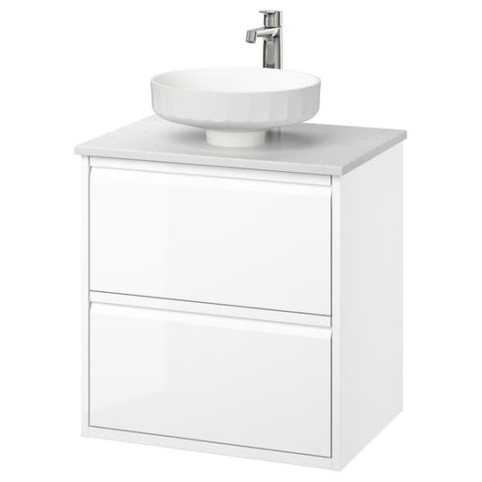 Ikea ÄNGSJÖN / LERSJÖN - Washbasin/drawer unit/misc, glossy white/marble-look white,62x49x79 cm