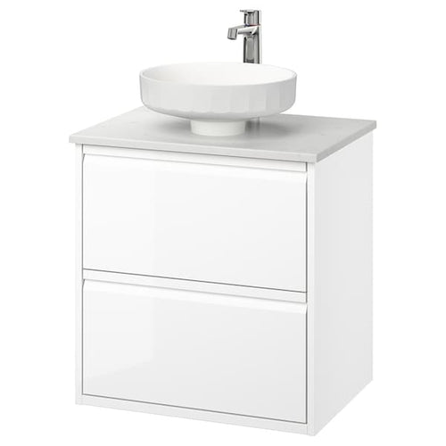 ÄNGSJÖN / LERSJÖN - Washbasin/drawer unit/misc, glossy white/marble-look white,62x49x79 cm