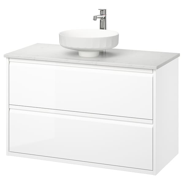 Ikea ÄNGSJÖN / LERSJÖN - Washbasin/drawer unit/misc, gloss white/white marble effect,102x49x79 cm