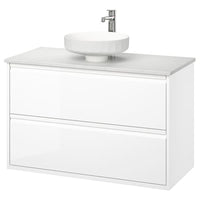 ÄNGSJÖN / LERSJÖN wash-stnd w drawers/wash-basin/tap, high-gloss white/white marble effect, 102x49x79 cm