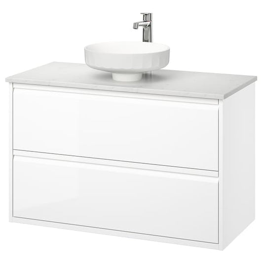 Ikea ÄNGSJÖN / LERSJÖN - Washbasin/drawer unit/misc, gloss white/white marble effect,102x49x79 cm