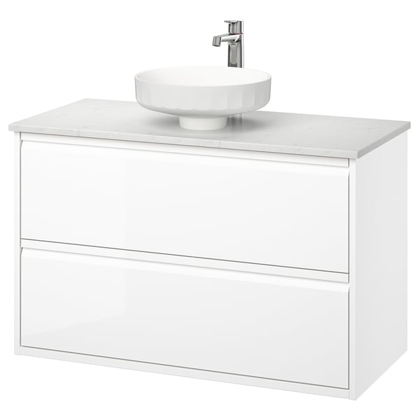 ÄNGSJÖN / LERSJÖN wash-stnd w drawers/wash-basin/tap, high-gloss white/white marble effect, 102x49x79 cm