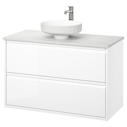 ÄNGSJÖN / LERSJÖN - Washbasin/drawer unit/misc, gloss white/white marble effect,102x49x79 cm