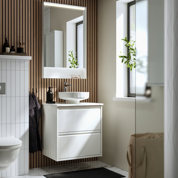 ÄNGSJÖN / LERSJÖN wash-stnd w drawers/wash-basin/tap, high-gloss white/white marble effect, 62x49x79 cm