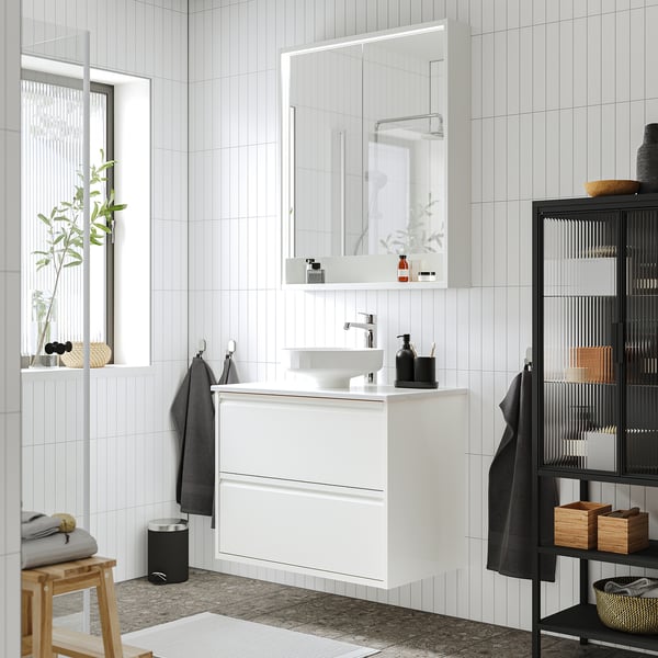 ÄNGSJÖN / LERSJÖN wash-stnd w drawers/wash-basin/tap, high-gloss white/white marble effect, 82x49x79 cm