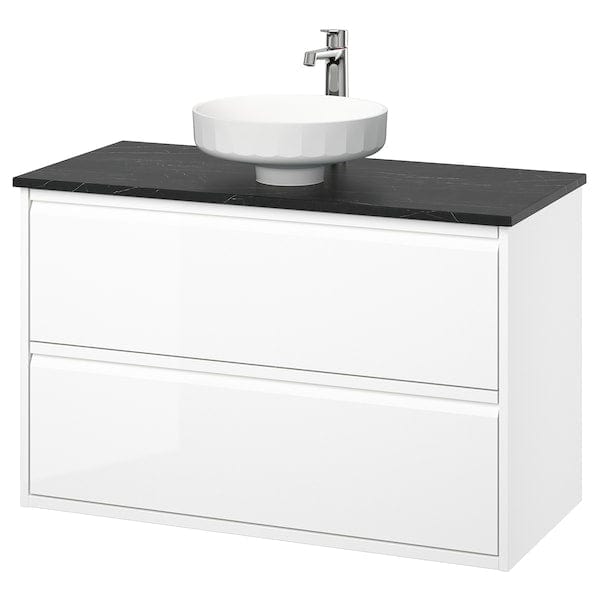 Ikea ÄNGSJÖN / LERSJÖN - Washbasin/drawer unit/misc, glossy white/black marble effect,102x49x79 cm