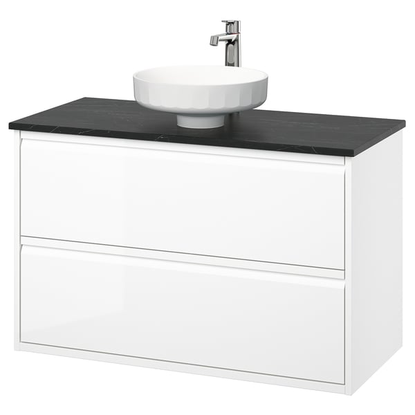 ÄNGSJÖN / LERSJÖN wash-stnd w drawers/wash-basin/tap, high-gloss white/black marble effect, 102x49x79 cm
