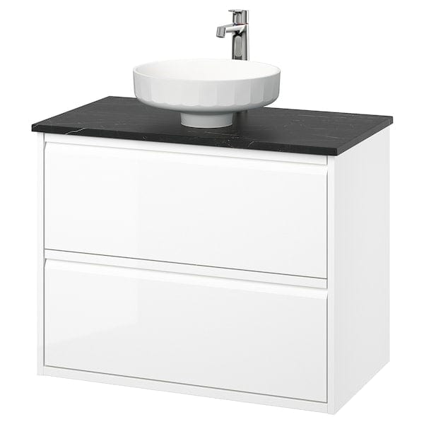 Ikea ÄNGSJÖN / LERSJÖN - Washbasin/drawer unit/misc, glossy white/black marble effect,82x49x79 cm