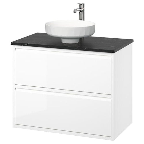 ÄNGSJÖN / LERSJÖN - Washbasin/drawer unit/misc, glossy white/black marble effect,82x49x79 cm