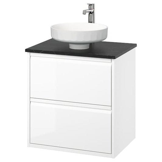 Ikea ÄNGSJÖN / LERSJÖN - Washbasin/drawer unit/misc, glossy white/black marble effect,62x49x79 cm