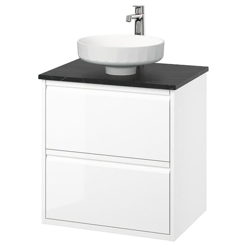 ÄNGSJÖN / LERSJÖN - Washbasin/drawer unit/misc, glossy white/black marble effect,62x49x79 cm