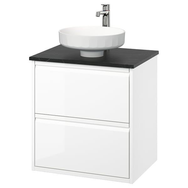 ÄNGSJÖN / LERSJÖN wash-stnd w drawers/wash-basin/tap, high-gloss white/black marble effect, 62x49x79 cm