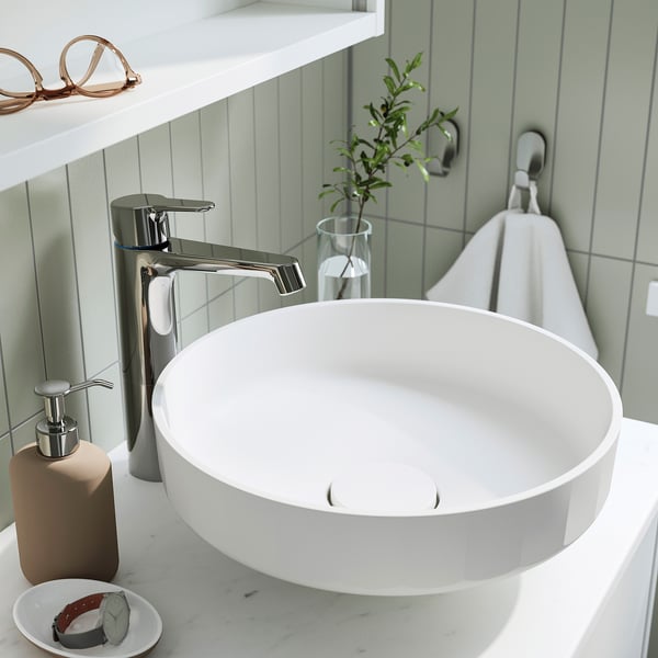 ÄNGSJÖN / LERSJÖN wash-stnd w drawers/wash-basin/tap, high-gloss white/black marble effect, 62x49x79 cm