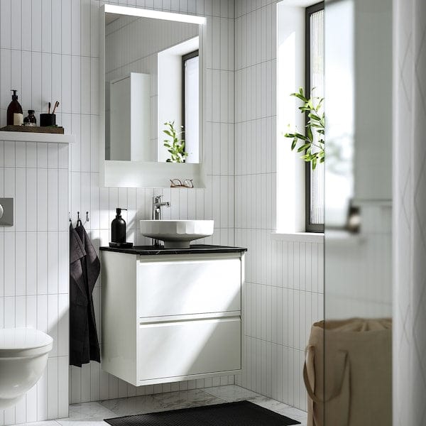 Ikea ÄNGSJÖN / LERSJÖN - Washbasin/drawer unit/misc, glossy white/black marble effect,62x49x79 cm