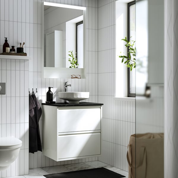 ÄNGSJÖN / LERSJÖN wash-stnd w drawers/wash-basin/tap, high-gloss white/black marble effect, 62x49x79 cm