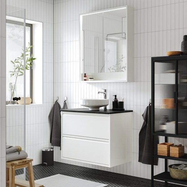 Ikea ÄNGSJÖN / LERSJÖN - Washbasin/drawer unit/misc, glossy white/black marble effect,82x49x79 cm