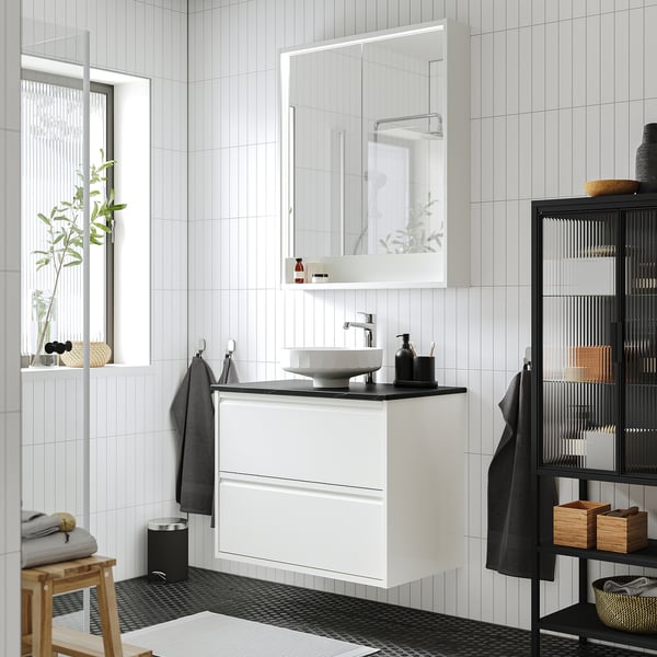 ÄNGSJÖN / LERSJÖN wash-stnd w drawers/wash-basin/tap, high-gloss white/black marble effect, 82x49x79 cm