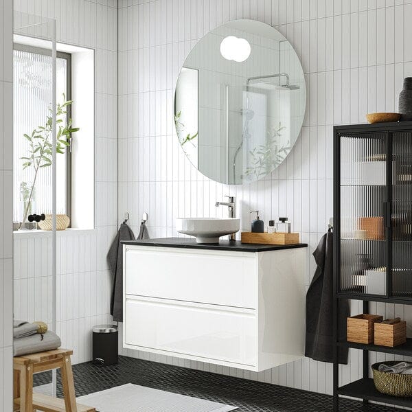 Ikea ÄNGSJÖN / LERSJÖN - Washbasin/drawer unit/misc, glossy white/black marble effect,102x49x79 cm