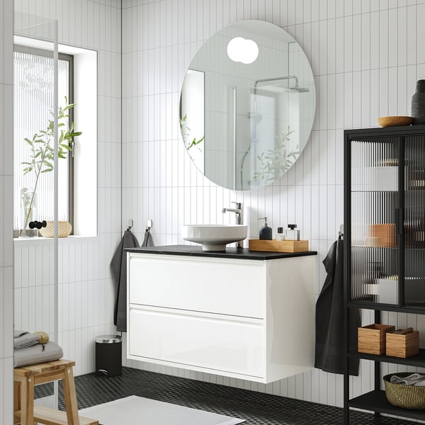 ÄNGSJÖN / LERSJÖN wash-stnd w drawers/wash-basin/tap, high-gloss white/black marble effect, 102x49x79 cm