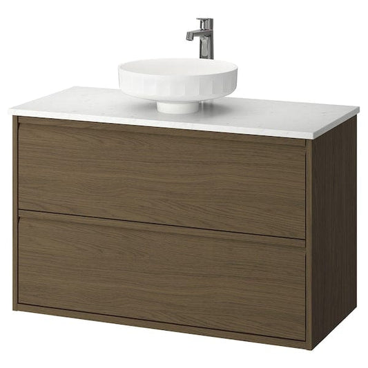 Ikea ÄNGSJÖN / LERSJÖN - Washbasin/drawer unit/misc, oak-effect brown/marble-effect white,102x49x79 cm