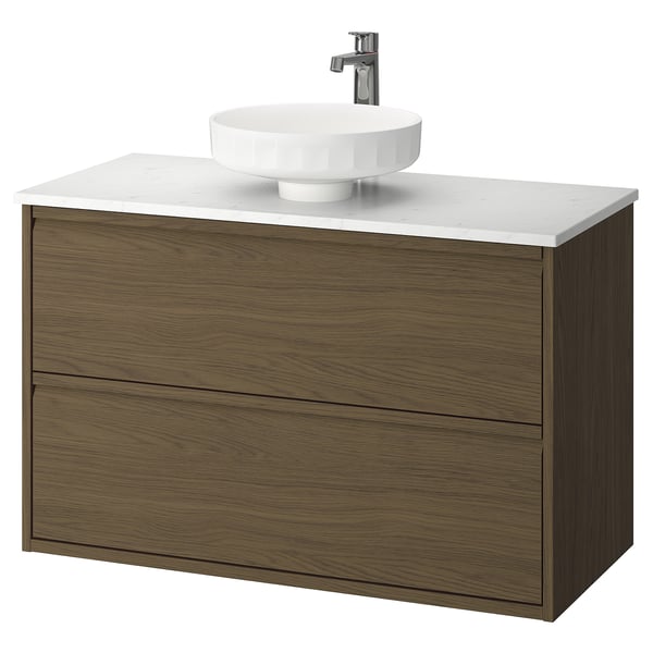 ÄNGSJÖN / LERSJÖN wash-stnd w drawers/wash-basin/tap, brown oak effect/white marble effect, 102x49x79 cm