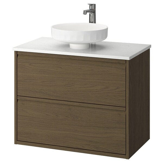 Ikea ÄNGSJÖN / LERSJÖN - Washbasin/drawer unit/misc, oak-effect brown/marble-effect white,82x49x79 cm