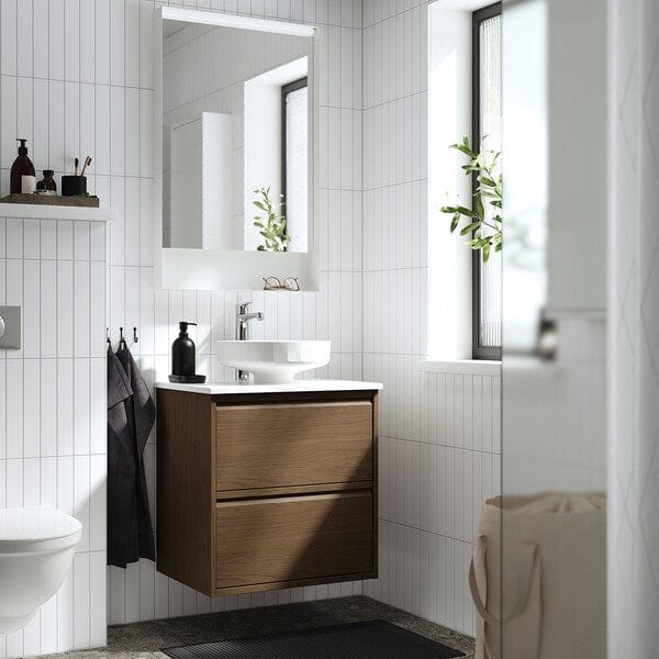 Ikea ÄNGSJÖN / LERSJÖN - Washbasin/drawer unit/misc, oak-effect brown/marble-effect white,62x49x79 cm