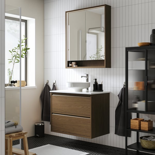 ÄNGSJÖN / LERSJÖN - Washbasin/drawer unit/misc, oak-effect brown/marble-effect white,82x49x79 cm