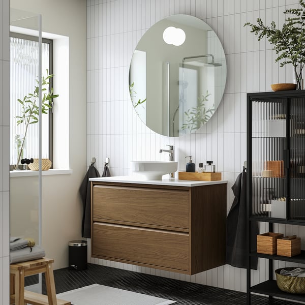 ÄNGSJÖN / LERSJÖN wash-stnd w drawers/wash-basin/tap, brown oak effect/white marble effect, 102x49x79 cm