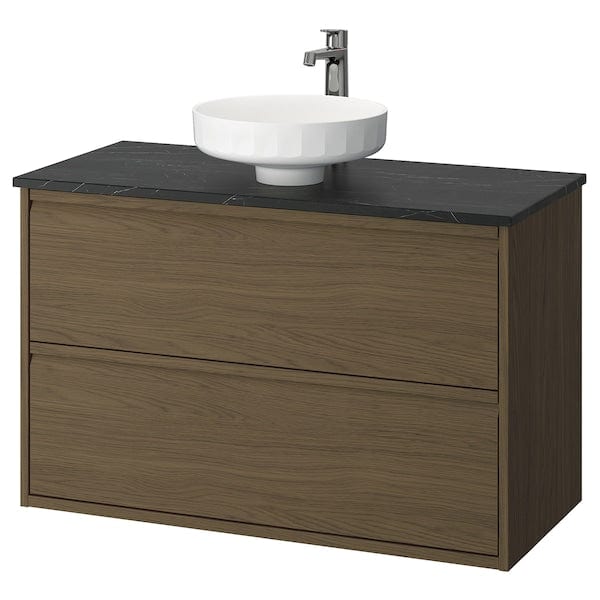 Ikea ÄNGSJÖN / LERSJÖN - Washbasin/drawer unit/misc, oak-effect brown/marble-effect black,102x49x79 cm