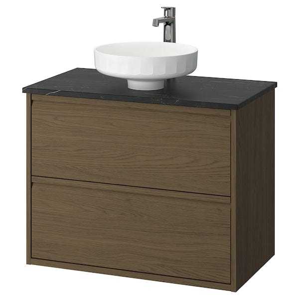 Ikea ÄNGSJÖN / LERSJÖN - Washbasin/drawer unit/misc, oak-effect brown/marble-effect black,82x49x79 cm