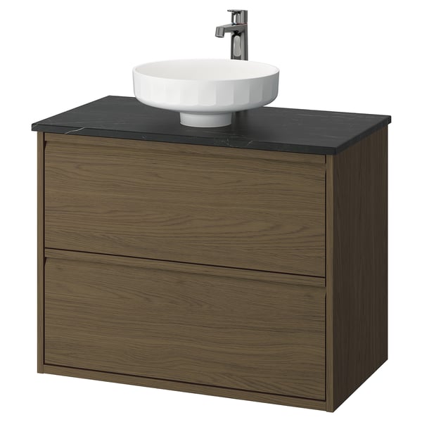 ÄNGSJÖN / LERSJÖN wash-stnd w drawers/wash-basin/tap, brown oak effect/black marble effect, 82x49x79 cm