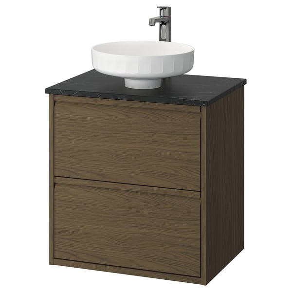 ÄNGSJÖN / LERSJÖN wash-stnd w drawers/wash-basin/tap, brown oak effect/black marble effect, 62x49x79 cm