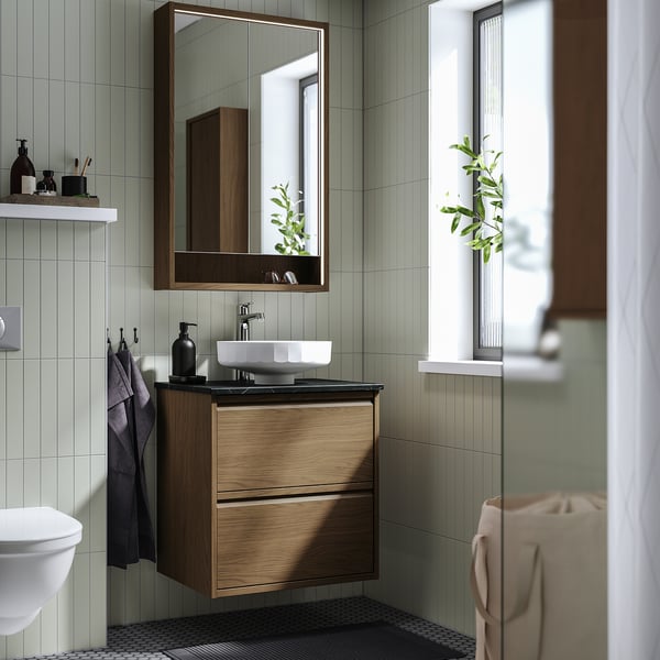 ÄNGSJÖN / LERSJÖN wash-stnd w drawers/wash-basin/tap, brown oak effect/black marble effect, 62x49x79 cm