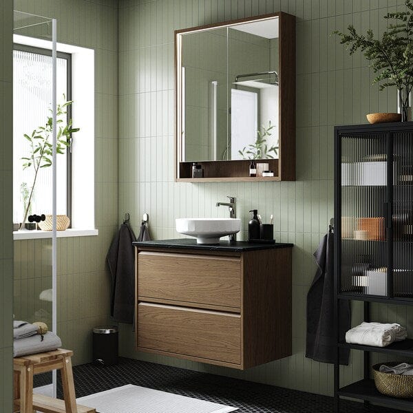 Ikea ÄNGSJÖN / LERSJÖN - Washbasin/drawer unit/misc, oak-effect brown/marble-effect black,82x49x79 cm