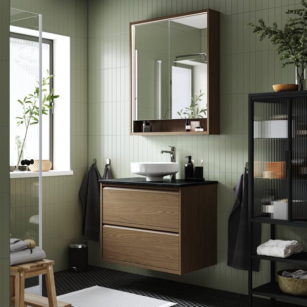 ÄNGSJÖN / LERSJÖN wash-stnd w drawers/wash-basin/tap, brown oak effect/black marble effect, 82x49x79 cm