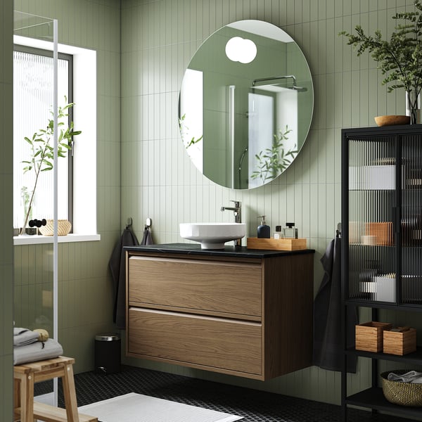 ÄNGSJÖN / LERSJÖN wash-stnd w drawers/wash-basin/tap, brown oak effect/black marble effect, 102x49x79 cm