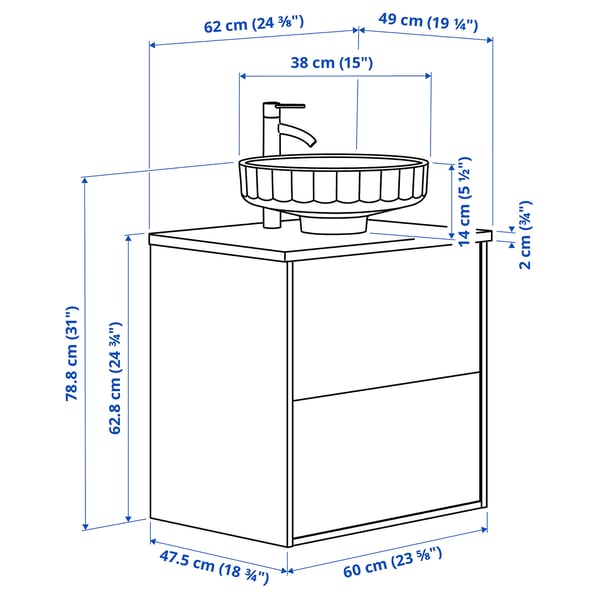 ÄNGSJÖN / LERSJÖN wash-stnd w drawers/wash-basin/tap, brown oak effect/black marble effect, 62x49x79 cm
