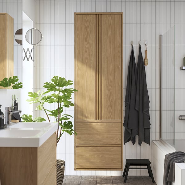 ÄNGSJÖN high cabinet with doors/drawers, oak effect, 60x35x195 cm