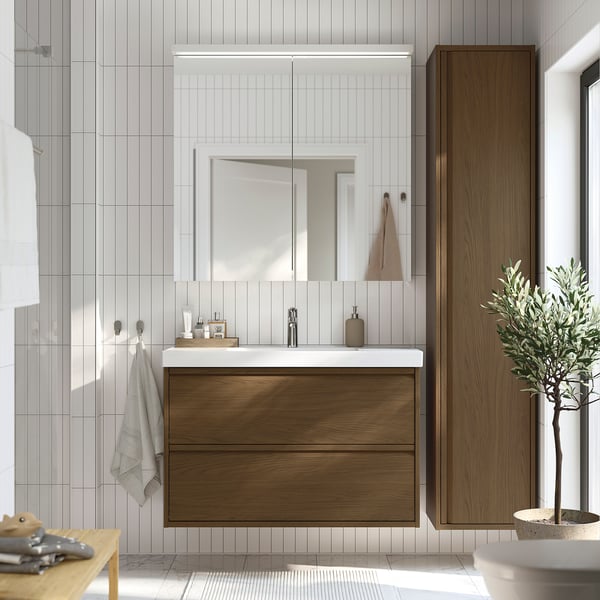 ÄNGSJÖN wash-stand with drawers, brown oak effect, 100x48x63 cm