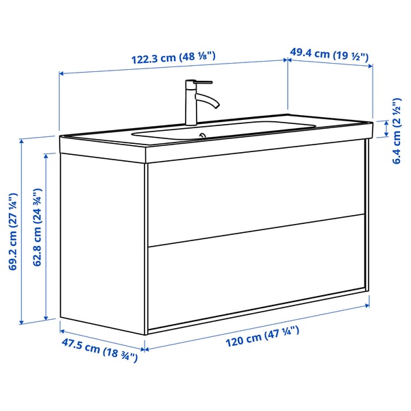 ÄNGSJÖN / ORRSJÖN wash-stnd w drawers/wash-basin/tap, oak effect, 122x49x69 cm