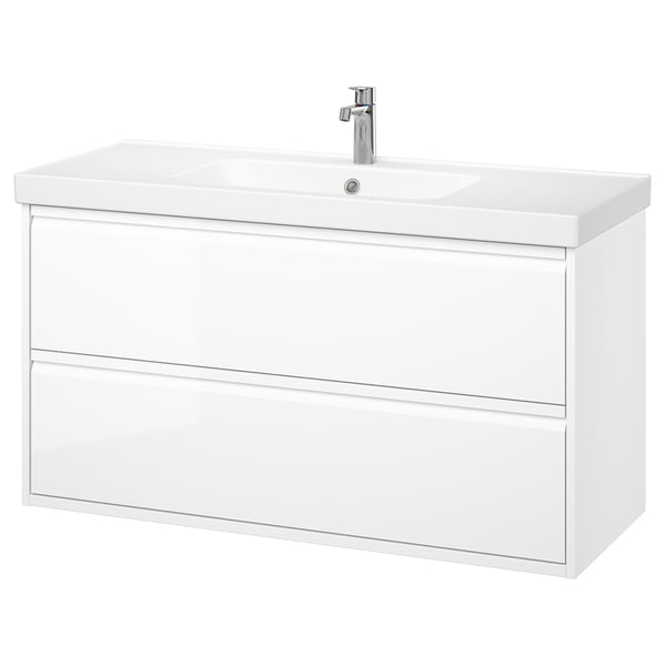 ÄNGSJÖN / ORRSJÖN wash-stnd w drawers/wash-basin/tap, high-gloss white, 122x49x69 cm