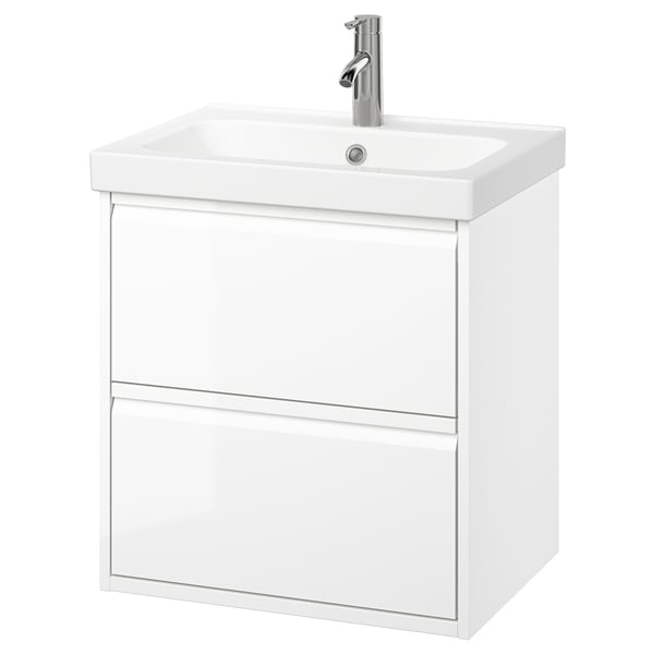 ÄNGSJÖN / ORRSJÖN wash-stnd w drawers/wash-basin/tap, high-gloss white, 62x49x69 cm