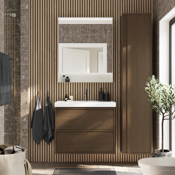 ÄNGSJÖN / ORRSJÖN wash-stnd w drawers/wash-basin/tap, brown oak effect, 82x49x69 cm