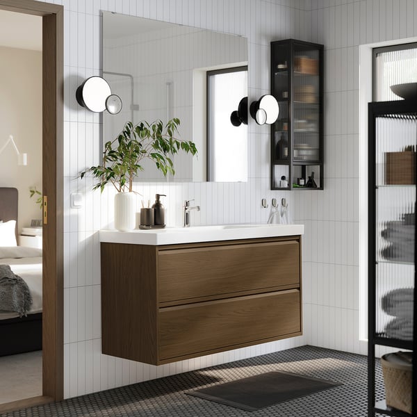 ÄNGSJÖN / ORRSJÖN wash-stnd w drawers/wash-basin/tap, brown oak effect, 122x49x69 cm
