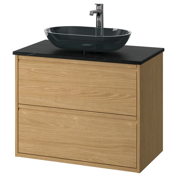 ÄNGSJÖN / OXMYREN wash-stnd w drawers/wash-basin/tap, oak effect/black marble effect, 82x49x77 cm