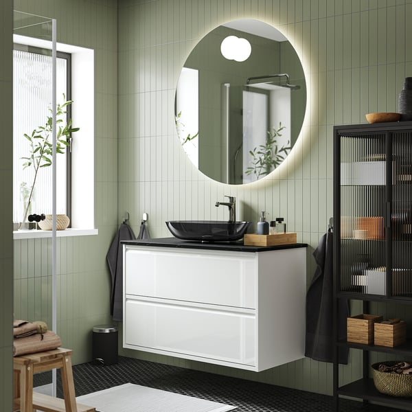 ÄNGSJÖN / OXMYREN wash-stnd w drawers/wash-basin/tap, high-gloss white/black marble effect, 102x49x77 cm