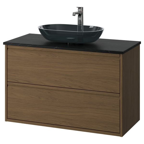 ÄNGSJÖN / OXMYREN wash-stnd w drawers/wash-basin/tap, brown oak effect/black marble effect, 102x49x77 cm