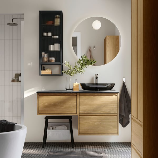ÄNGSJÖN / OXMYREN wash-stand/wash-basin/tap, oak effect/black marble effect, 122x49x77 cm