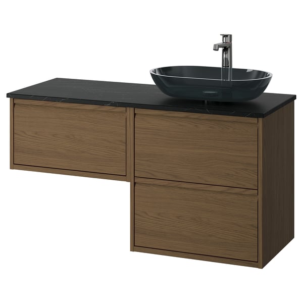ÄNGSJÖN / OXMYREN wash-stand/wash-basin/tap, brown oak effect/black marble effect, 122x49x77 cm
